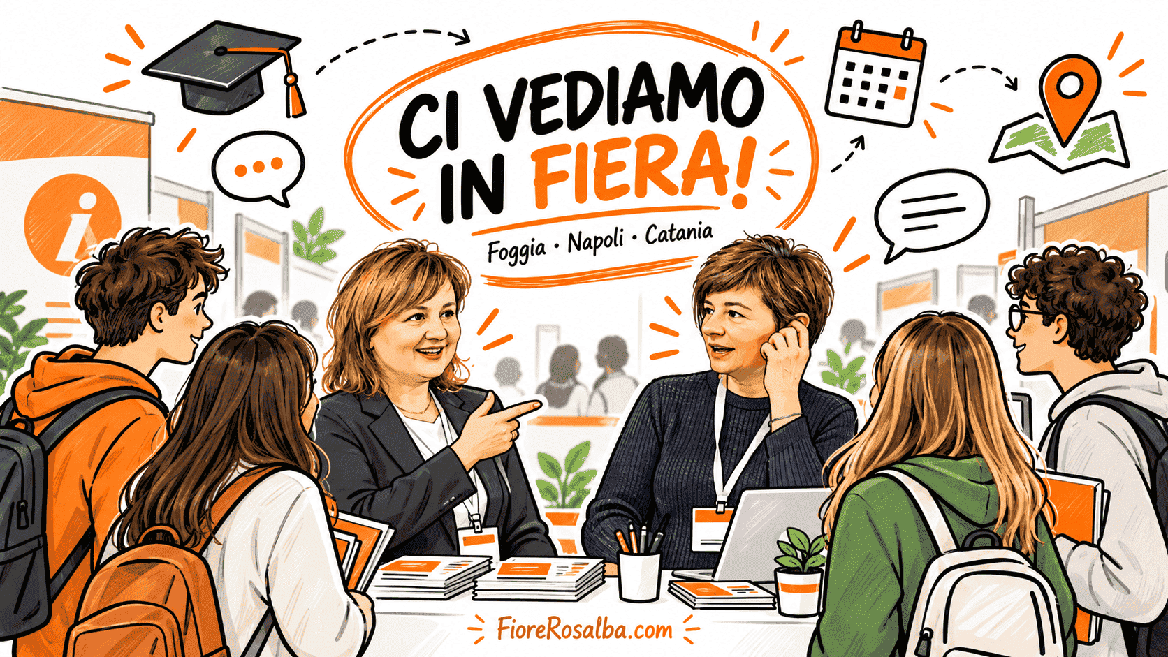 Illustrazione sketchnote di Rosalba Fiore e Tiziana che incontrano studenti alle fiere di orientamento universitario 2026.